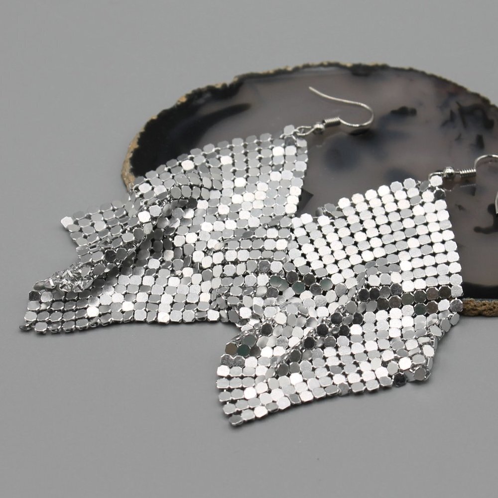 Jewelry earrings mesh statement party occasional drop dangle large silver tone